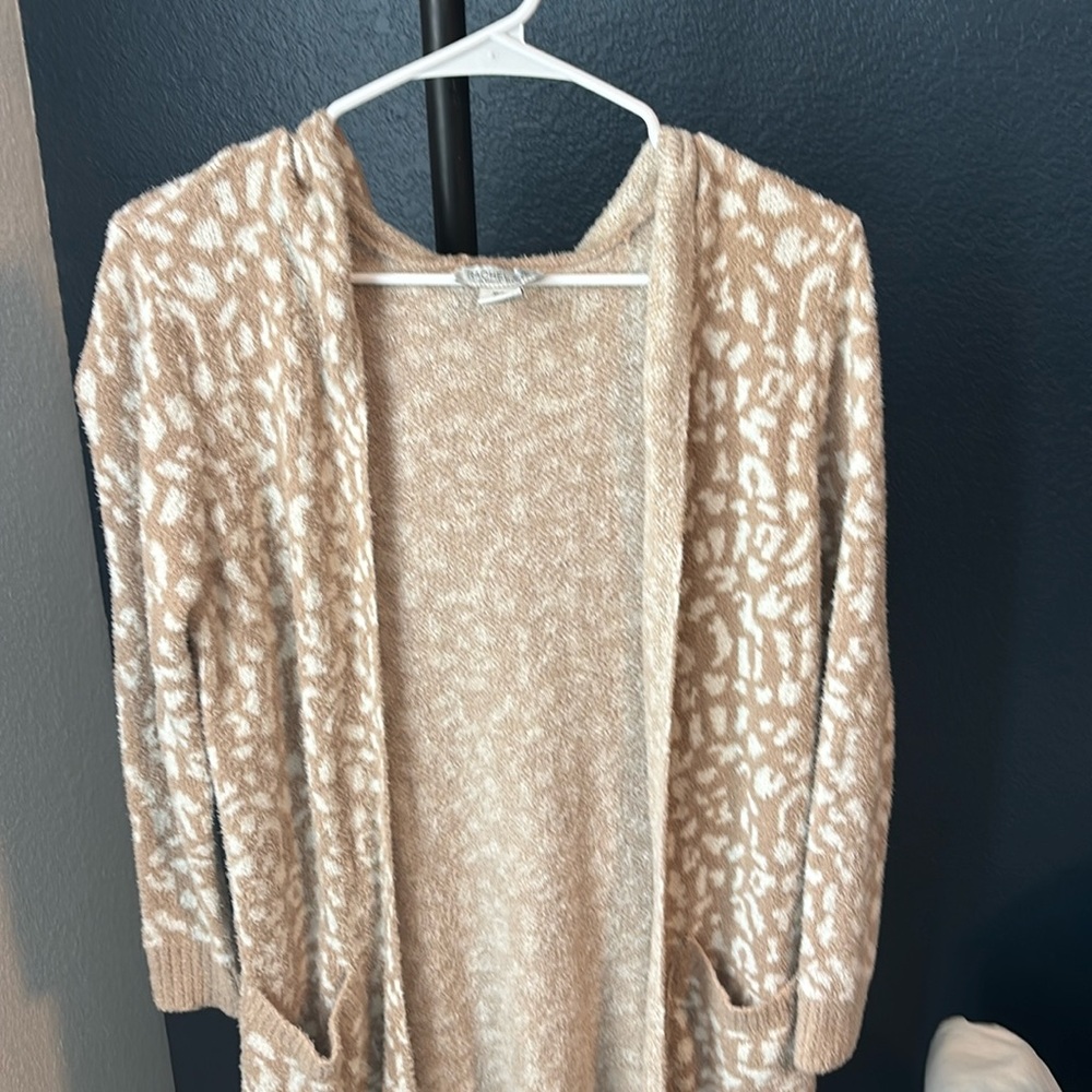 Rachel Zoe Cream and Tan Cardigan Sweater with Elegant Animal Print